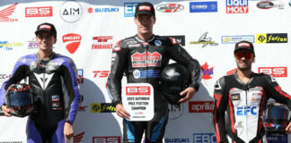 Bridgestone CSBK champion Ben Young (center) also took home the BS Battery Pole Position Championship in 2023, after earning the highest qualifying points tally across the season. Photo by Rob O’Brien, courtesy CSBK.