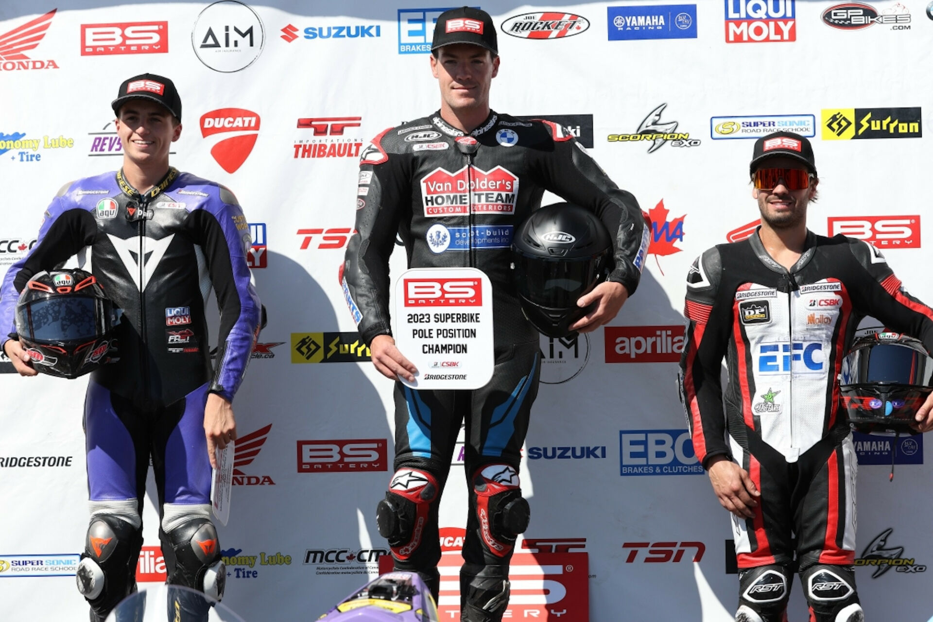 Bridgestone CSBK champion Ben Young (center) also took home the BS Battery Pole Position Championship in 2023, after earning the highest qualifying points tally across the season. Photo by Rob O’Brien, courtesy CSBK.