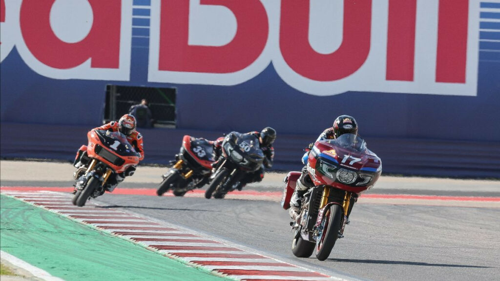 Troy Herfoss (17) leads Hayden Gillim (1), Bobby Fong (50), and Kyle Wyman (33) en route to winning the Mission King Of The Baggers Challenge on Friday at Circuit of The Americas. Photo by Brian J. Nelson.
