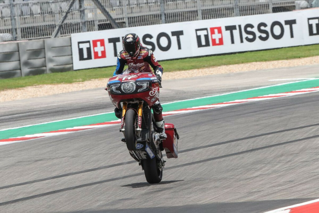 Troy Herfoss (17) celebrates after his come-from-behind victory in race one at COTA. The win was the Australian's first in the Mission King Of The Baggers series. Photo by Brian J. Nelson.