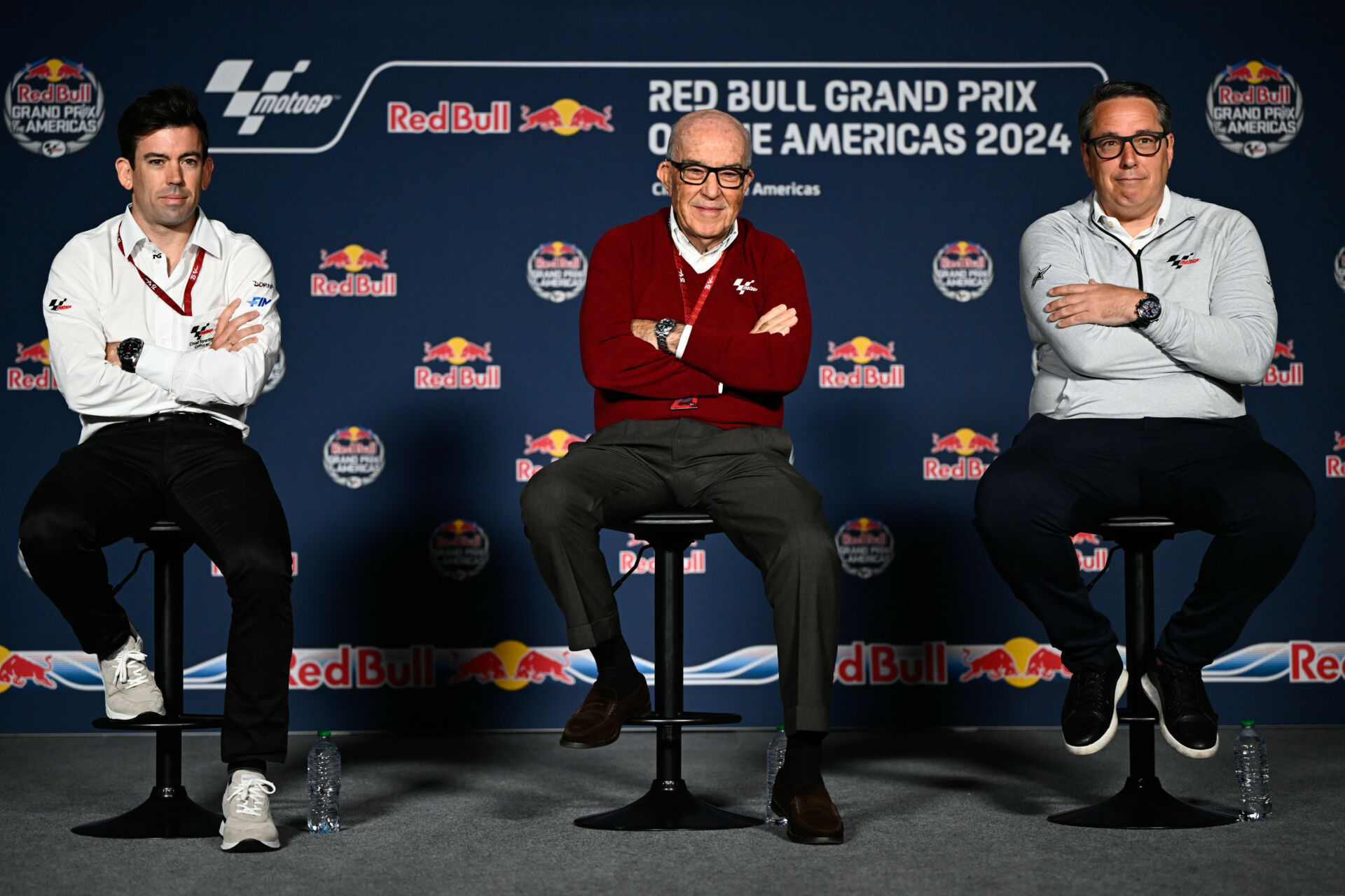 Dorna CEO Carmelo Ezpeleta (center), Chief Commercial Officer Dan Rossomondo (right), and Chief Sporting Officer Carlos Ezpeleta (left) at COTA. Photo courtesy Dorna.