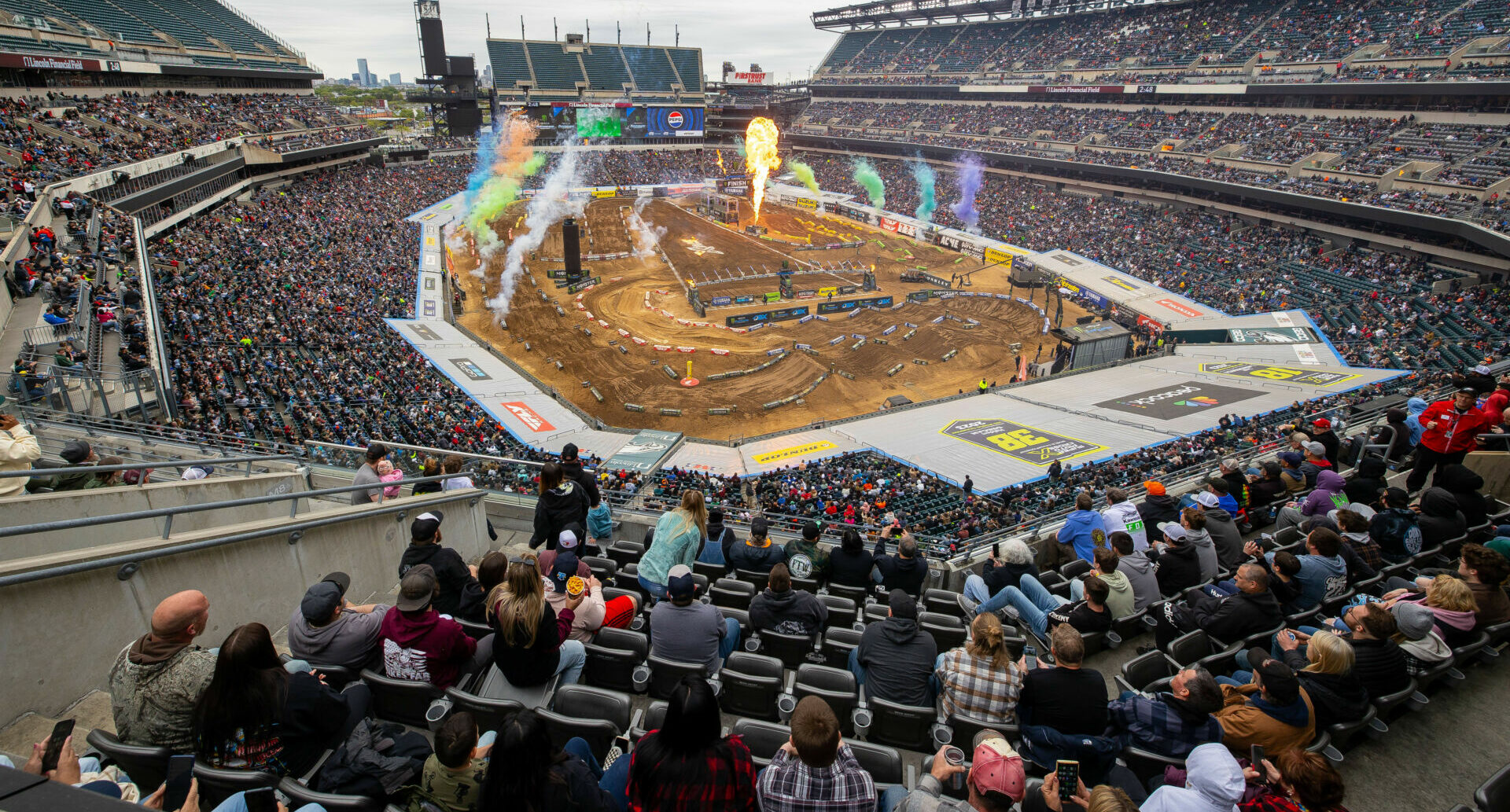 Lincoln Financial Field hosted its first Supercross event, marking the return of the sport to Philadelphia for the first time since 1980. The 43-year gap between 450SX Class events in a city is the longest gap in the sport’s history. The 2024 event marks the first time the 250SX Class has dropped a starting gate in Pennsylvania. Photo courtesy Feld Motor Sports.