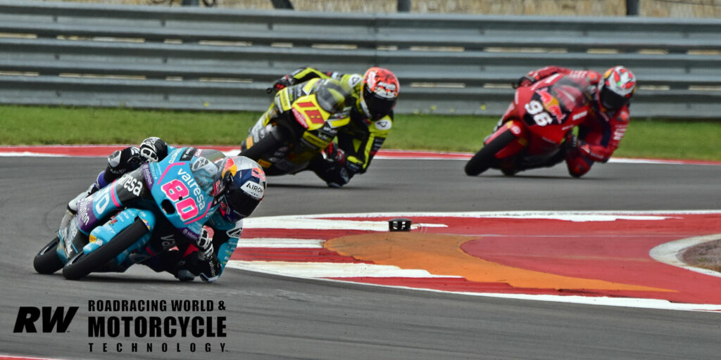 David Alonso (80) leads Matteo Bertelle (18) and Daniel Holgado (96) at COTA. Bertelle finished 10th, after serving three long-lap penalties. Photo by Michael Gougis.