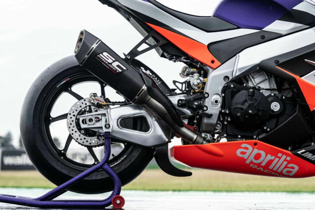 The Aprilia XTrenta is claimed to be the only motorcycle that comes with an aerodynamic "under wing" on the swingarm. Photo courtesy Aprilia Americas.