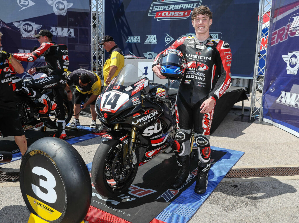 Torin Collins at the MotoAmerica Supersport podium at COTA in 2023. Photo by Brian J. Nelson.