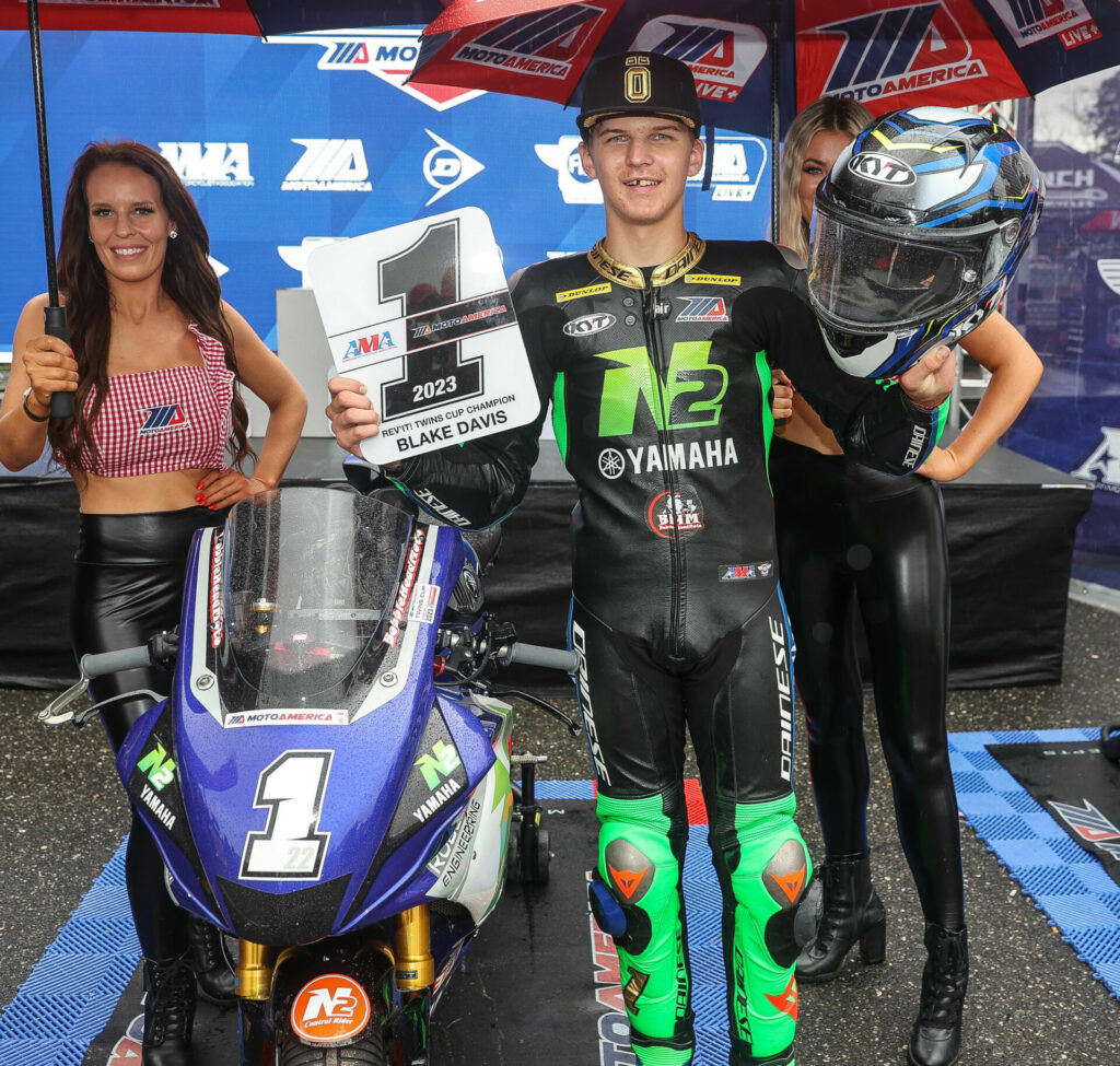 Blake Davis, after winning his second consecutive MotoAmerica Twins Cup Championship in 2023. Photo by Brian J. Nelson.
