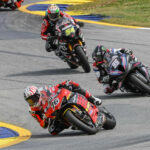 Loris Baz (76) leading JD Beach (95) and Richie Escalante (54) during MotoAmerica Superbike Race One at Road Atlanta. Photo by Brian J. Nelson.