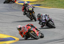 Loris Baz (76) leading JD Beach (95) and Richie Escalante (54) during MotoAmerica Superbike Race One at Road Atlanta. Photo by Brian J. Nelson.