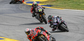 Loris Baz (76) leading JD Beach (95) and Richie Escalante (54) during MotoAmerica Superbike Race One at Road Atlanta. Photo by Brian J. Nelson.