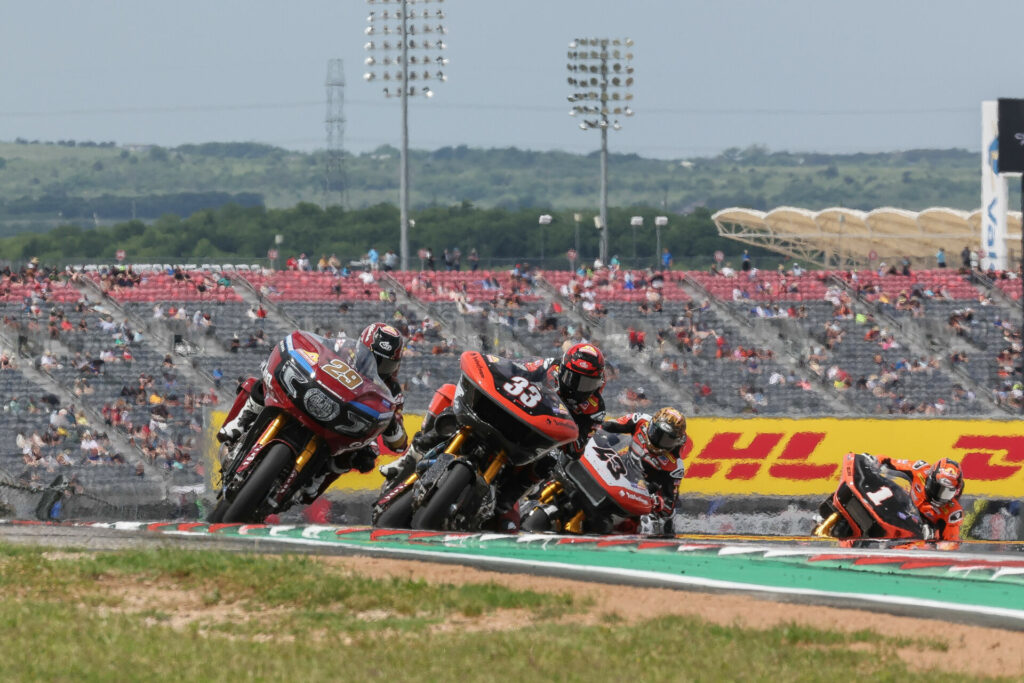 Tyler O'Hara (29) leads Kyle Wyman (33), James Rispoli (43), and Hayden Gillim (1) during Race One at Circuit of The Americas. Photo by Brian J. Nelson, courtesy Harley-Davidson.