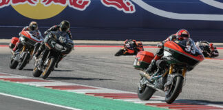 Kyle Wyman (33) leads Bobby Fong (50) and James Rispoli (43) at Circuit of The Americas. Photo by Brian J. Nelson, courtesy Harley-Davidson.