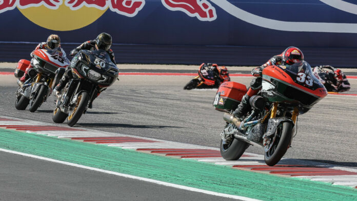 Kyle Wyman (33) leads Bobby Fong (50) and James Rispoli (43) at Circuit of The Americas. Photo by Brian J. Nelson, courtesy Harley-Davidson.