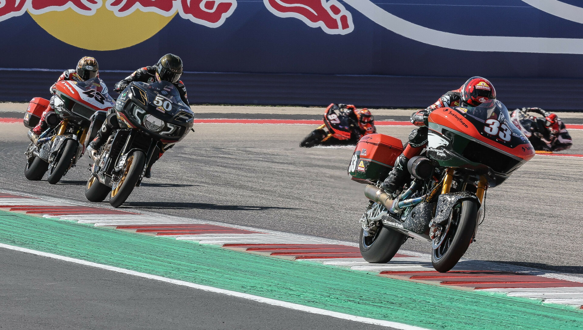 Kyle Wyman (33) leads Bobby Fong (50) and James Rispoli (43) at Circuit of The Americas. Photo by Brian J. Nelson, courtesy Harley-Davidson.