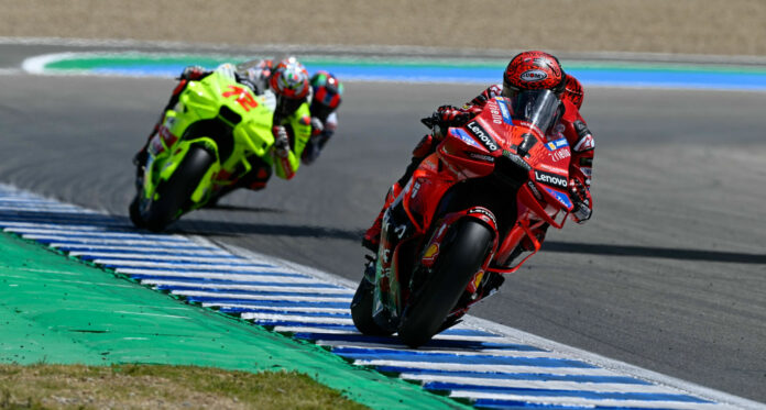 Francesco Bagnaia (1) leads Marco Bezzecchi (72) Friday at Jerez. Photo courtesy Dorna.