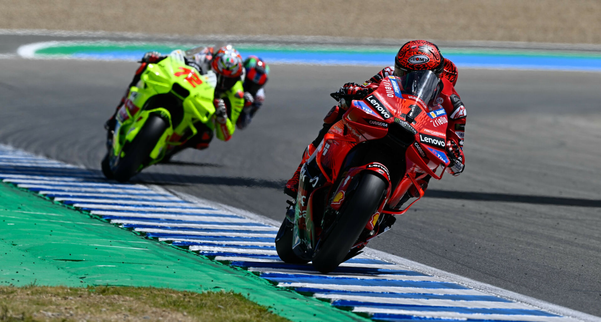 Francesco Bagnaia (1) leads Marco Bezzecchi (72) Friday at Jerez. Photo courtesy Dorna.