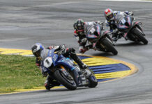 Jake Gagne (1) leads JD Beach (95) and Cameron Beaubier (6) in MotoAmerica Superbike Race Two at Road Atlanta. Photo by Brian J. Nelson, courtesy Yamaha.