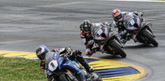 Jake Gagne (1) leads JD Beach (95) and Cameron Beaubier (6) in MotoAmerica Superbike Race Two at Road Atlanta. Photo by Brian J. Nelson, courtesy Yamaha.