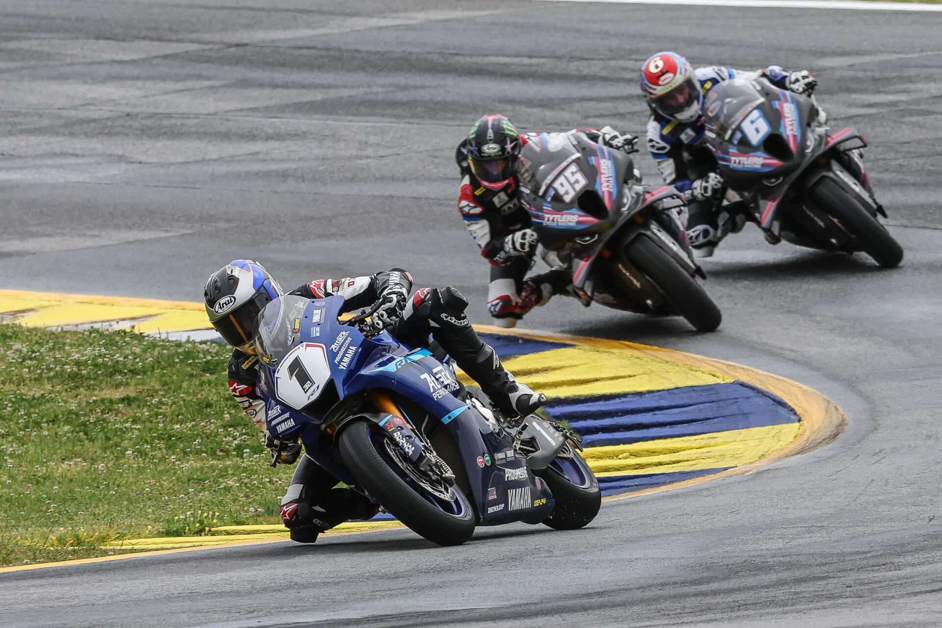 Jake Gagne (1) leads JD Beach (95) and Cameron Beaubier (6) in MotoAmerica Superbike Race Two at Road Atlanta. Photo by Brian J. Nelson, courtesy Yamaha.