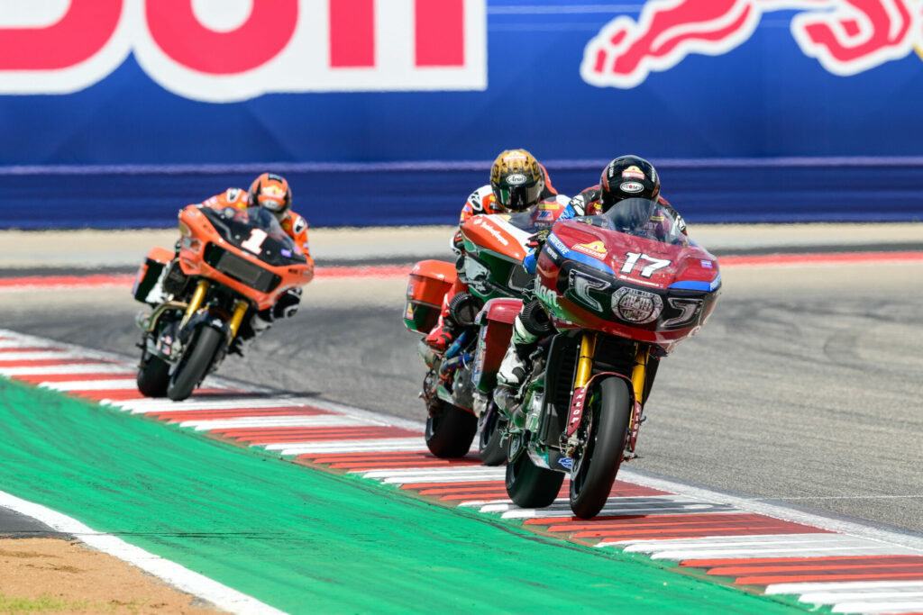 Troy Herfoss (17) leads James Rispoli, and Hayden Gillim (1) at COTA. Photo courtesy Indian Motorcycle.