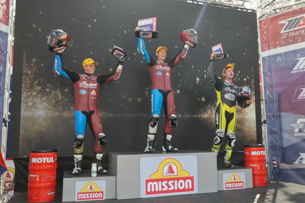 The King Of The Baggers Race Two podium: winner Troy Herfoss (center), Tyler O'Hara (left), and third-place finisher Max Flinders (right). Photo courtesy Indian Motorcycle.