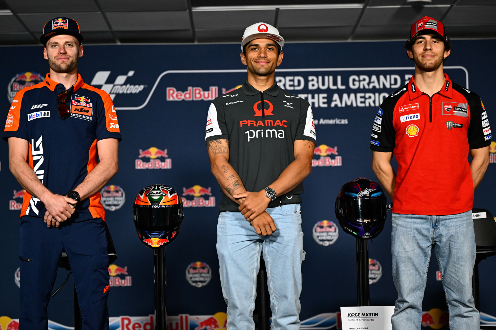 Jorge Martin (center), Brad Binder (left), and Enea Bastianini (right) at COTA. Photo courtesy Dorna.