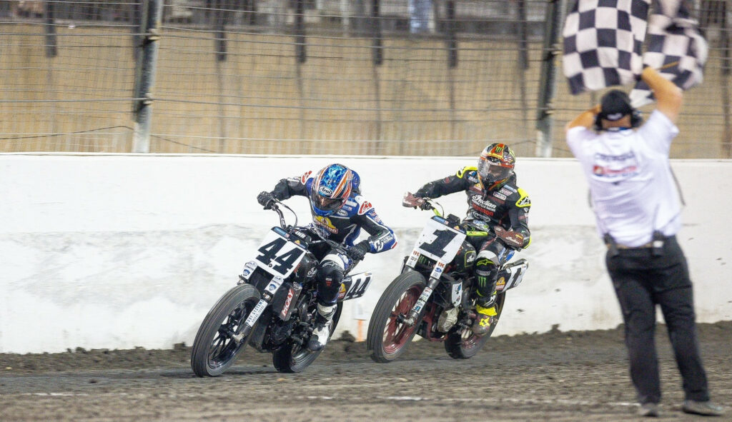 Brandon Robinson (44) beat Jared Mees (1) to the checkered flag at the Texas Half-Mile. Photo courtesy AFT.
