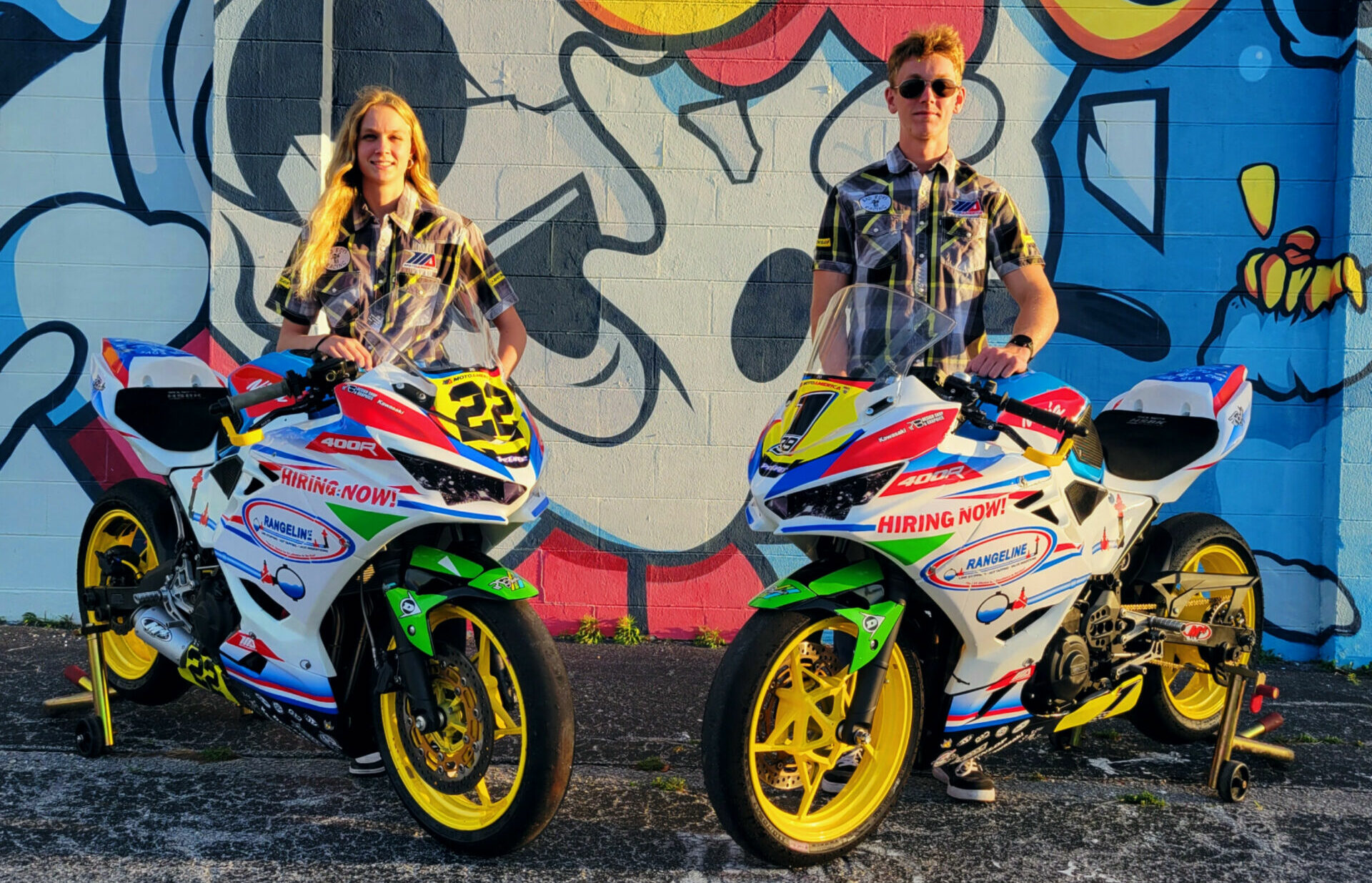 Defending MotoAmerica Junior Cup Champion Avery Dreher (right) and his younger sister Ella Dreher (left). Photo courtesy Bad Boys Racing.