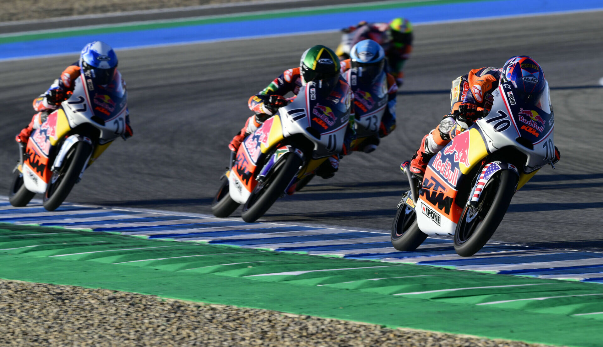American Kristian Daniel Jr. (70) battles for a top-10 position with Ruche Moodley (11), Rico Salmela (27), and Valentin Perrone (73) at Jerez. Photo courtesy Red Bull.