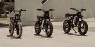 2024-model SUPER73 e-bikes (from left) a SUPER73-Z Miami Speedway LE, a SUPER73-R Adventure Palladium SE, and a SUPER73-R Adventure Sandstorm. Photo courtesy SUPER73.