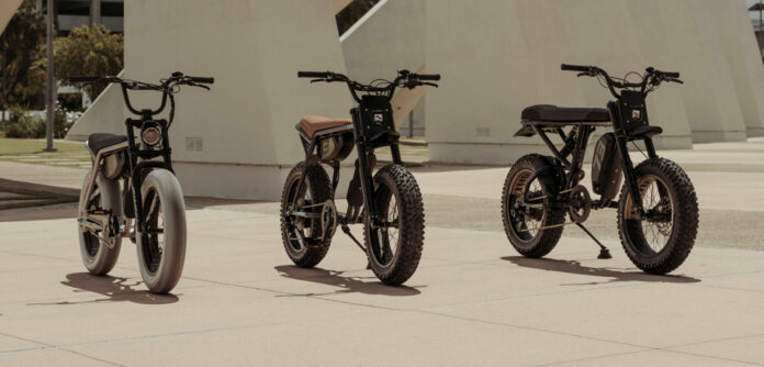 2024-model SUPER73 e-bikes (from left) a SUPER73-Z Miami Speedway LE, a SUPER73-R Adventure Palladium SE, and a SUPER73-R Adventure Sandstorm. Photo courtesy SUPER73.