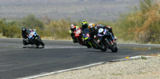 Corey Alexander (1) leads Bryce Prince, Michael Gilbert (55), and Jason Pridmore (43) in the CVMA Stock 1000 Shootout at Chuckwalla Valley Raceway. Photo by CaliPhotography.com, courtesy CVMA.