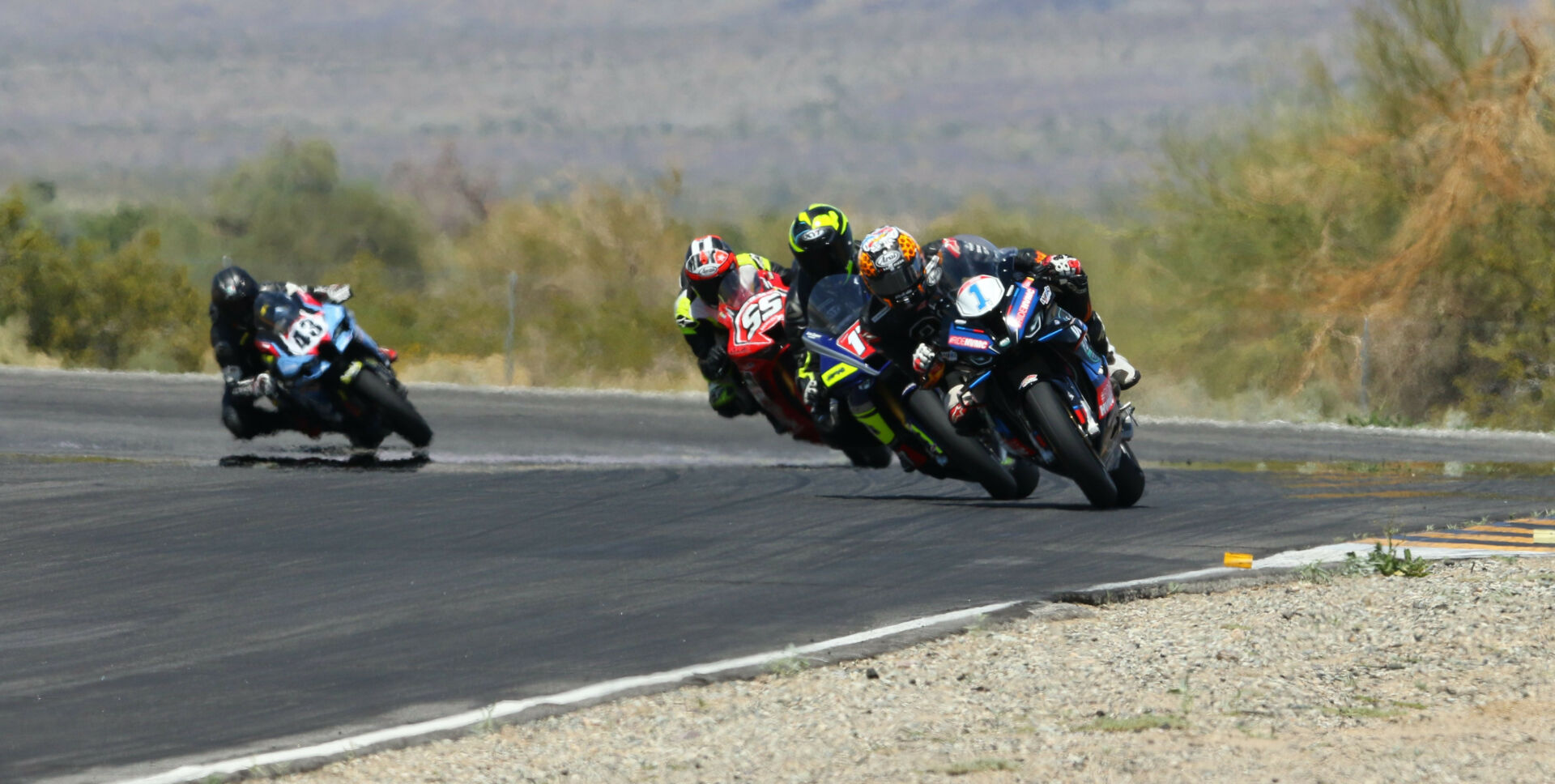 Corey Alexander (1) leads Bryce Prince, Michael Gilbert (55), and Jason Pridmore (43) in the CVMA Stock 1000 Shootout at Chuckwalla Valley Raceway. Photo by CaliPhotography.com, courtesy CVMA.