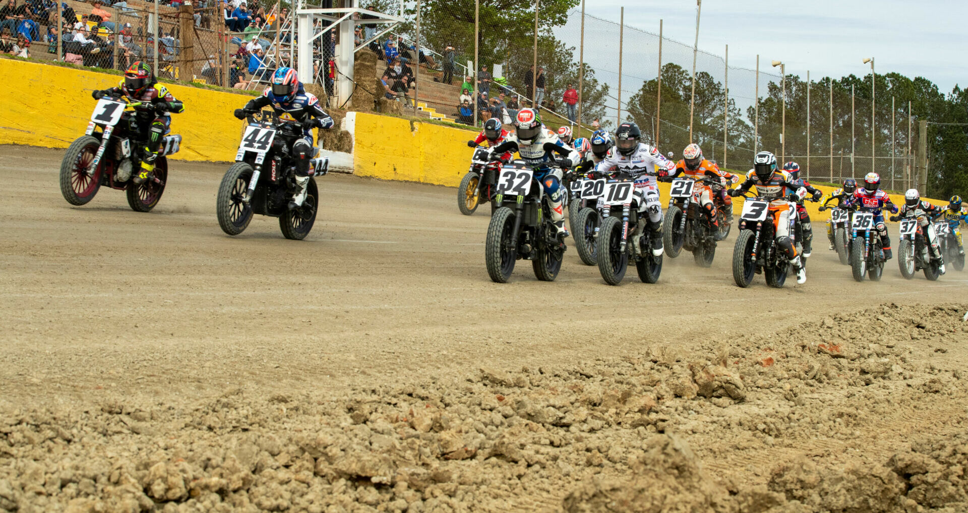 Jared Mees (1), Brandon Robinson (44), Dallas Daniels (32), and Johnny Lewis (10) lead the start of the AFT Mission SuperTwins main event at the Senoia Short Track. Photo by Tim Lester, courtesy AFT.