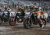 Just before the start of the AFT Mission SuperTwins main event at the Mission Texas Half-Mile with Briar Bauman (3), Jared Mees (1), Dallas Daniels (32), and Brandon Robinson (44) on the front row. Photo by Kristen Lassen, courtesy AFT.