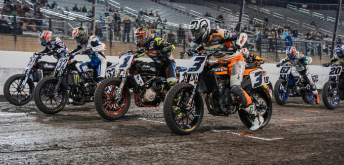 Just before the start of the AFT Mission SuperTwins main event at the Mission Texas Half-Mile with Briar Bauman (3), Jared Mees (1), Dallas Daniels (32), and Brandon Robinson (44) on the front row. Photo by Kristen Lassen, courtesy AFT.
