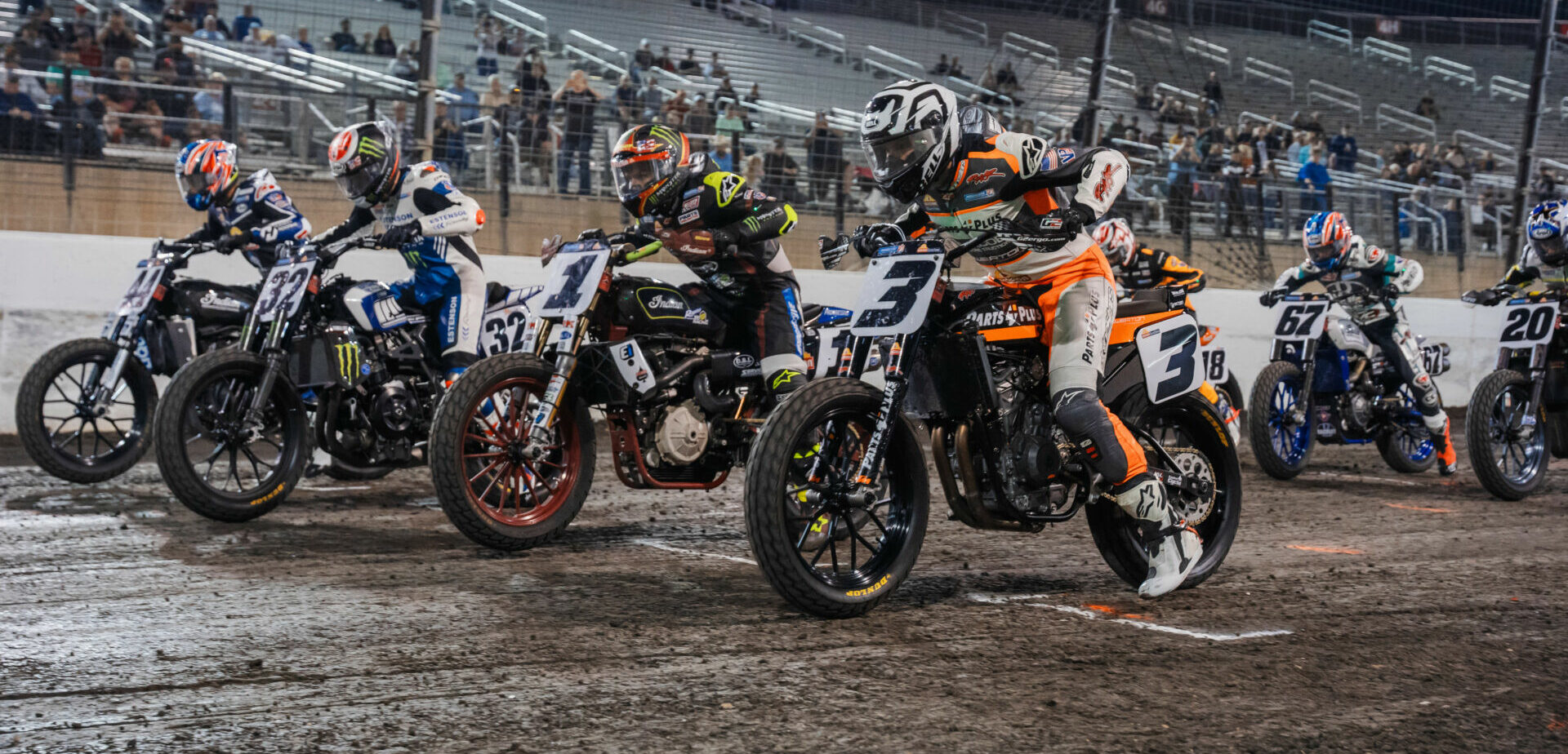 Just before the start of the AFT Mission SuperTwins main event at the Mission Texas Half-Mile with Briar Bauman (3), Jared Mees (1), Dallas Daniels (32), and Brandon Robinson (44) on the front row. Photo by Kristen Lassen, courtesy AFT.