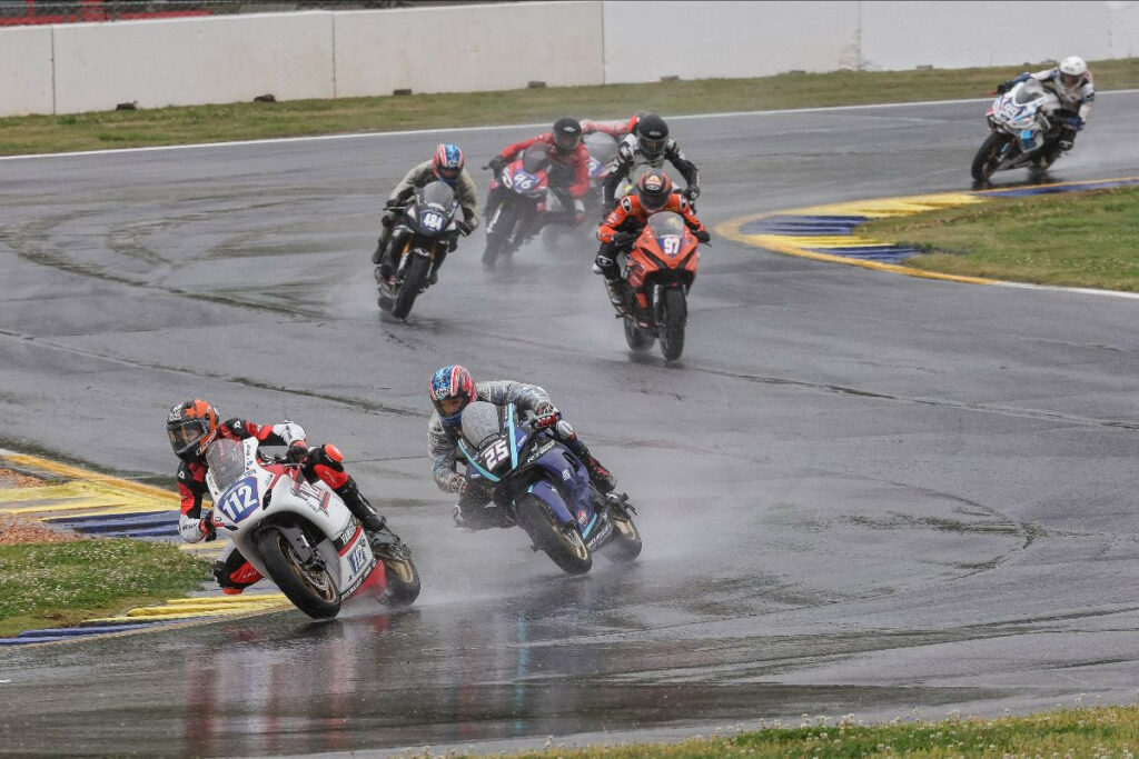 Jack Roach (112) leads eventual BellissiMoto Twins Cup race winner Dominic Doyle (25), Rocco Landers (97) and the rest of the pack. Photo by Brian J. Nelson.