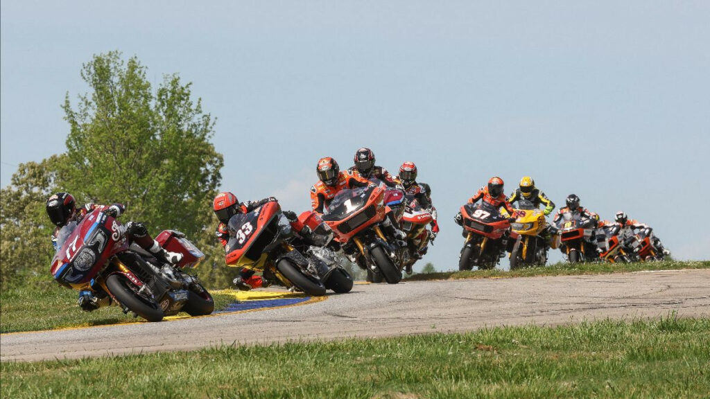 Troy Herfoss (17) beat Kyle Wyman (33) and Hayden Gillim (1) to win the Mission King Of The Baggers on Saturday at Road Atlanta. Photo by Brian J. Nelson.