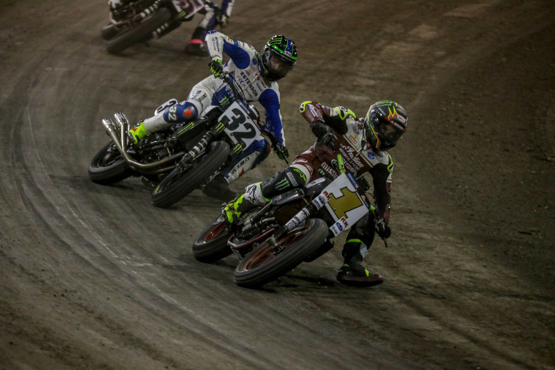 Jared Mees (1) and Dallas Daniels (32) fighting for the AFT SuperTwins lead at Texas Motor Speedway in 2022. Photo by Scott Hunter, courtesy AFT.
