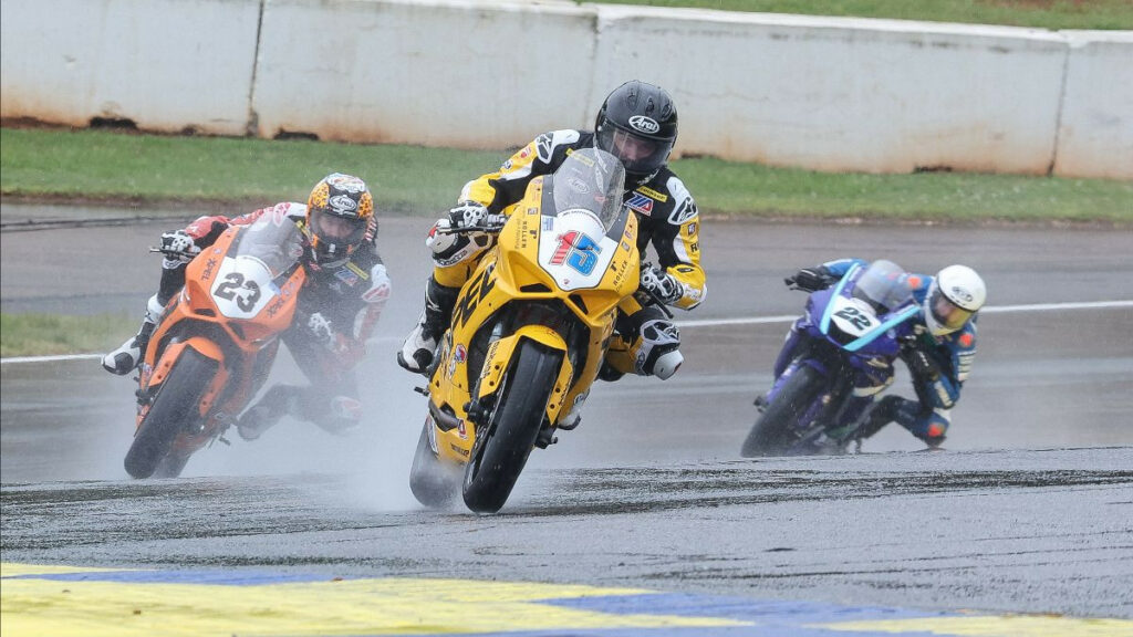 PJ Jacobsen (15) leads teammate Corey Alexander (23) and Blake Davis (22) in Sunday's Supersport race at Road Atlanta, Jacobsen won for the second time on the weekend with Alexander finishing second. Davis crashed out of the battle. Photo by Brian J. Nelson.
