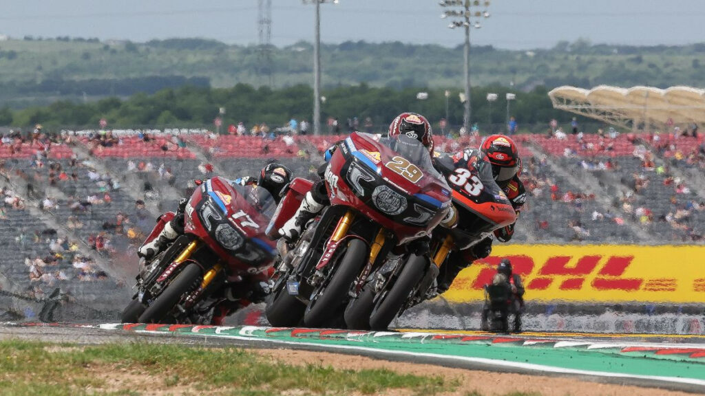 The first of two Mission King Of The Baggers races at Circuit of The Americas came down to a last-lap battle between Tyler O'Hara (29), Kyle Wyman (33), and Troy Herfoss (17) on Saturday. Photo by Brian J. Nelson, courtesy MotoAmerica.