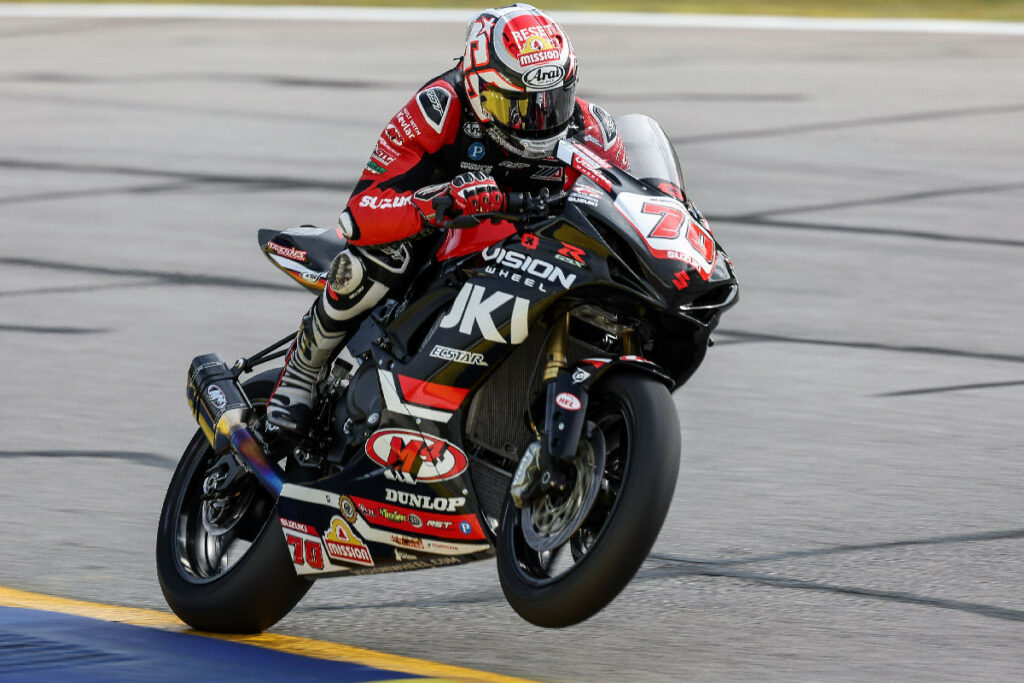 Tyler Scott (70) won pole position in Supersport to kick off the weekend, bringing the GSX-R750 home in sixth despite challenging weather on Sunday. Photo by Brian J. Nelson, courtesy Suzuki Motor USA, Inc.