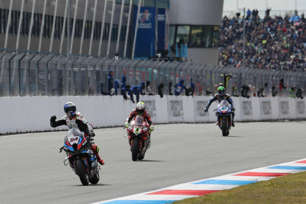 Toprak Razgatlioglu (54) beat Alvaro Bautista (1) and Remy Gardner (87) in Race Two. Photo courtesy Dorna.