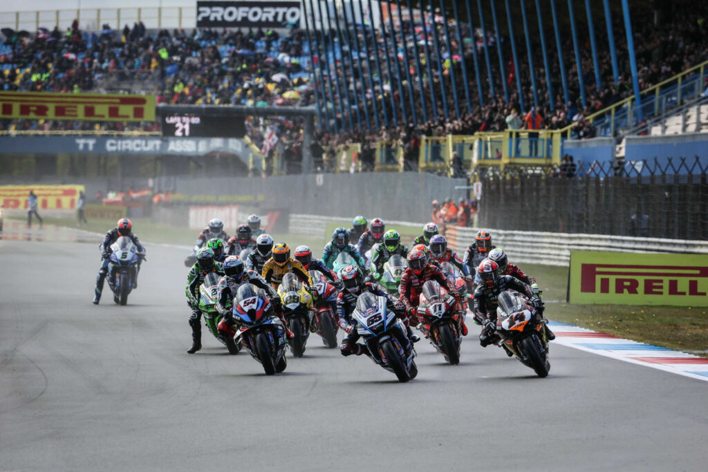 The start of World Superbike Race One with Jonathan Rea (65) and Sam Lowes (14) leading Toprak Razgatlioglu (54) and Nicolo Bulega (11). Photo courtesy Dorna.