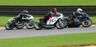AHRMA racers Tony Read (176), Andrew Mauk (95), and Tim Joyce (309). Photo by etechphoto.com, courtesy AHRMA.
