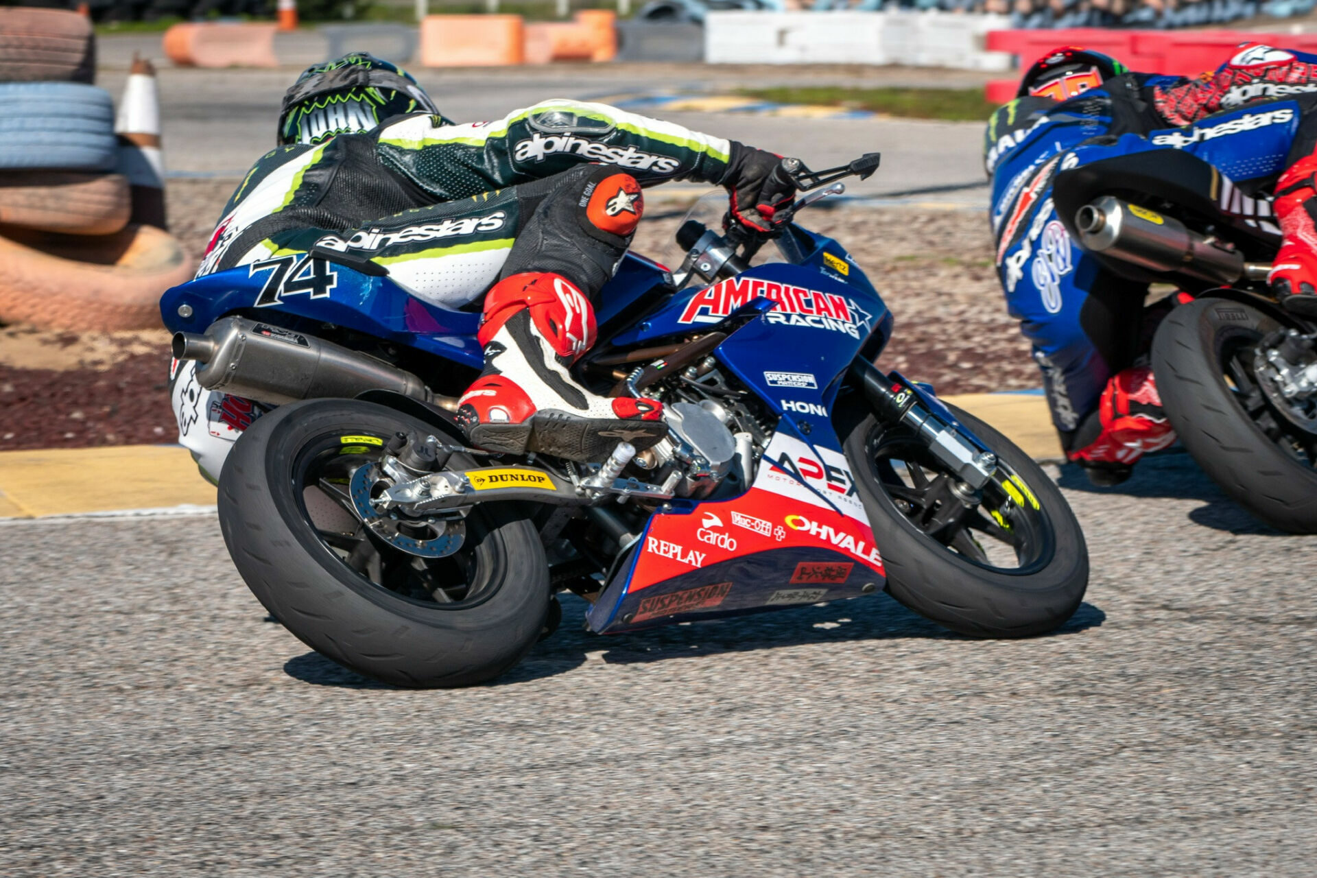 John Hopkins (74) chasing Fabio Quartararo on board Ohvale mini racebikes at a kart track in Southern California in 2023. Photo courtesy Ohvale USA.