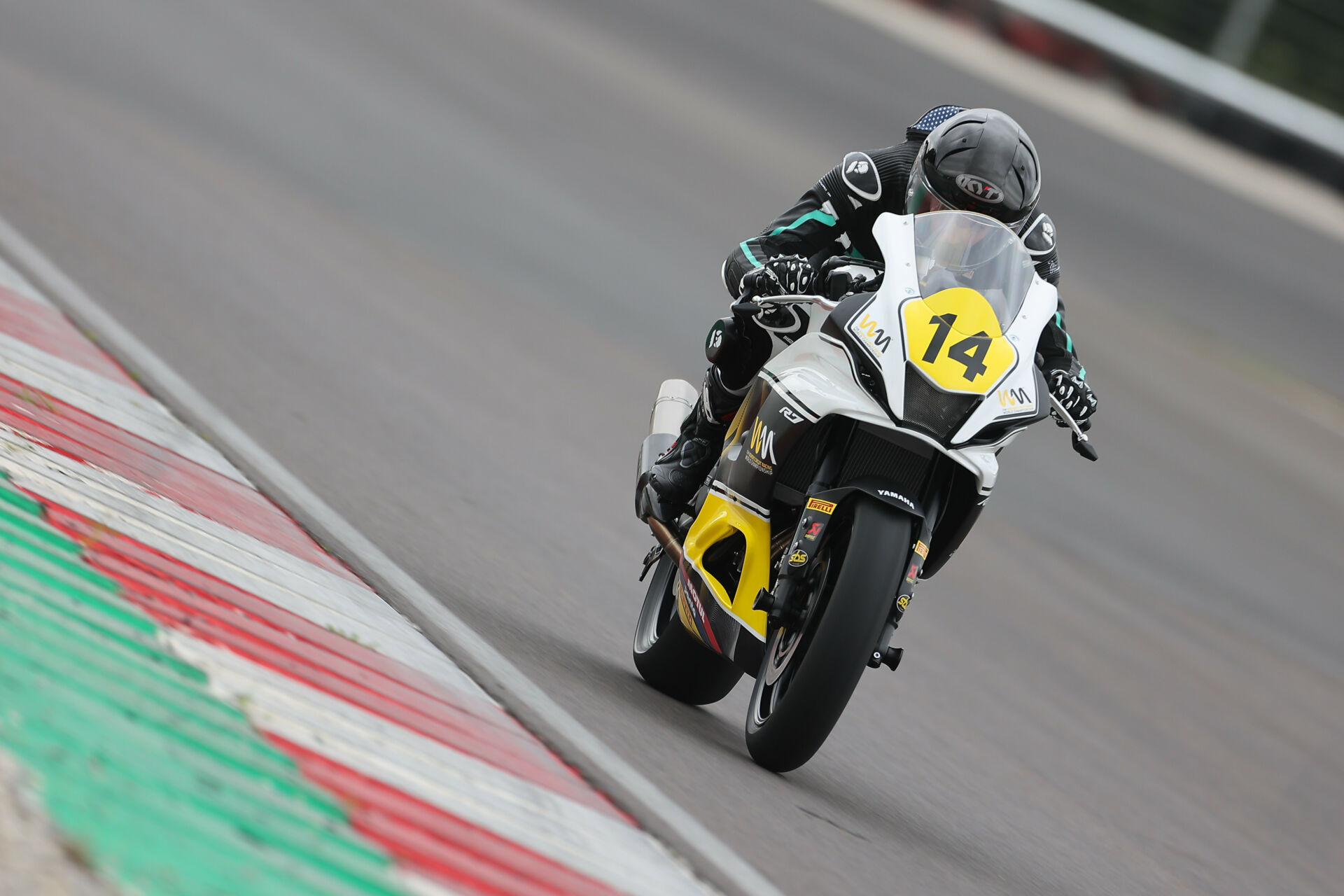 American Mallory Dobbs (14) in action during testing at Cremona Circuit, in Italy. Photo courtesy FIM Women's Circuit Racing World Championship.