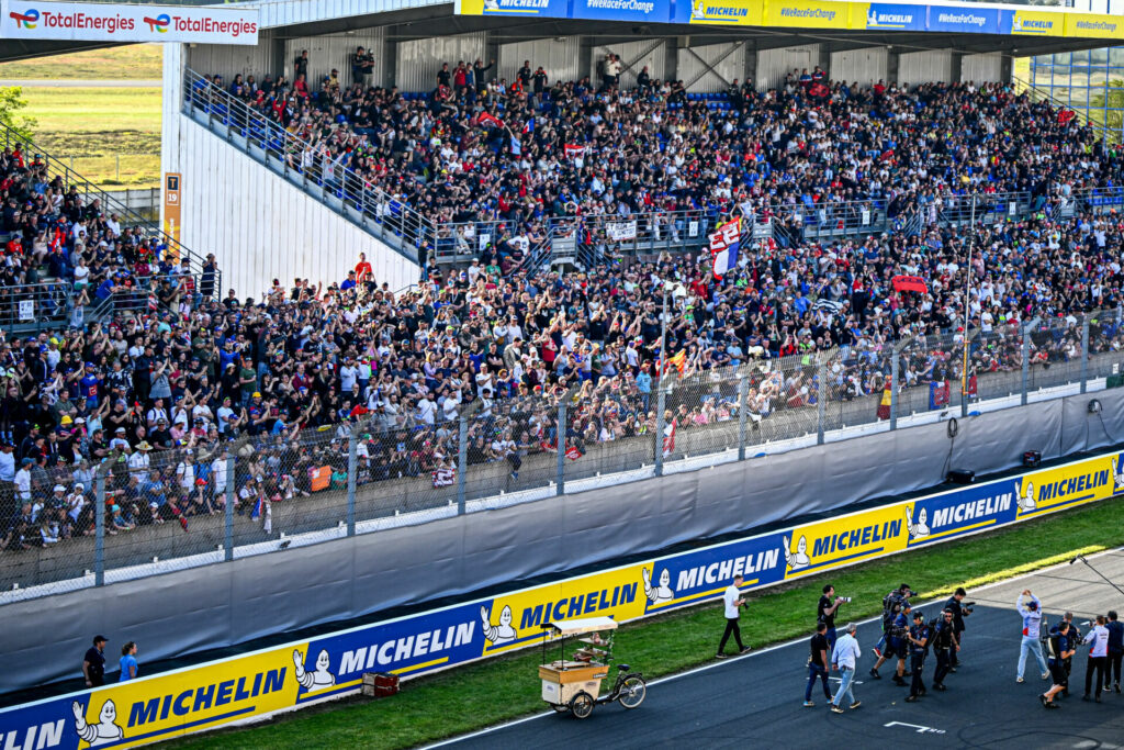 French fans along the front straightaway Thursday at Le Mans. Photo courtesy Dorna.
