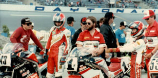 Larry Brown (far left) with Kevin Rentzell (second from left) and Randy Renfrow (far right) on the grid before the 1987 Daytona 200. Photo courtesy Larry Brown Collection.