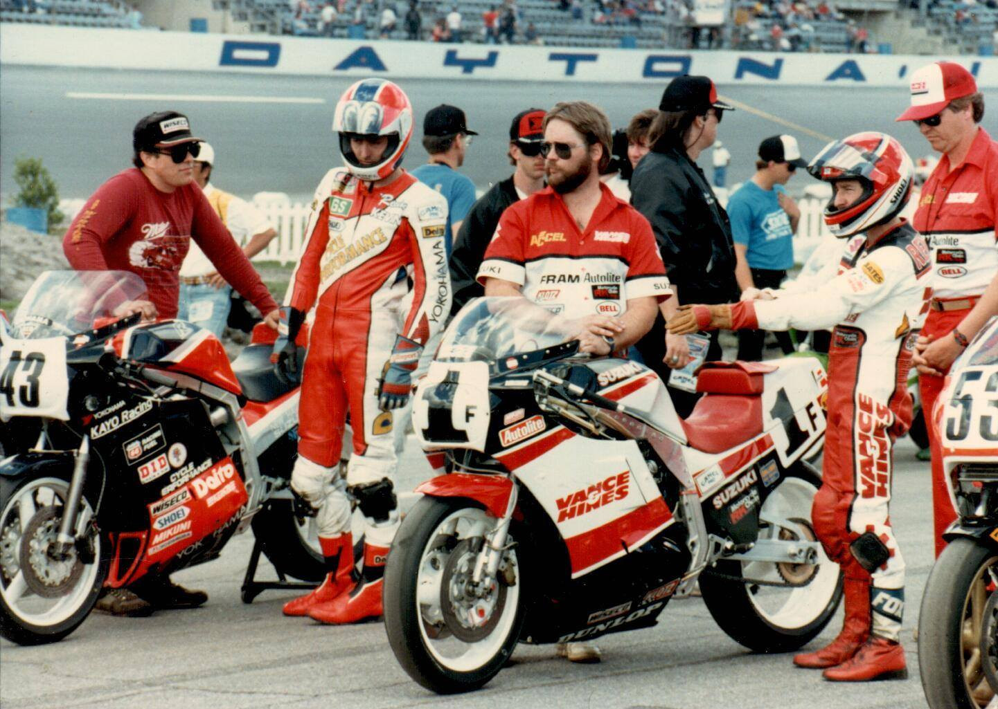 Larry Brown (far left) with Kevin Rentzell (second from left) and Randy Renfrow (far right) on the grid before the 1987 Daytona 200. Photo courtesy Larry Brown Collection.